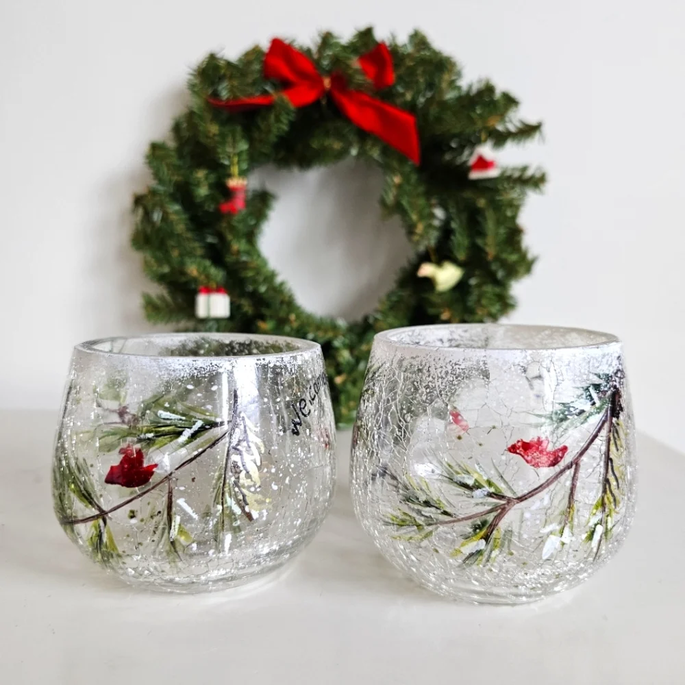 Vintage Yankee Welcome Winter Crackle Frosted Glass Votive Pine Candle Holders